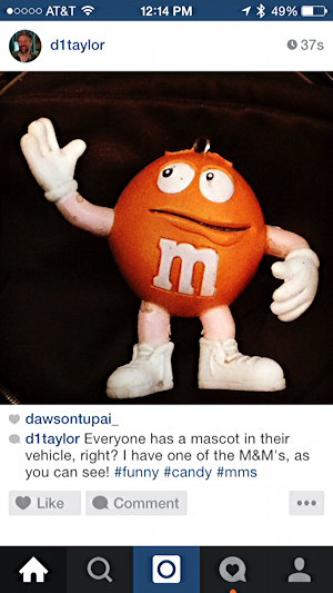 instagram post of orange M&M's guy toy all fixed up no typos 