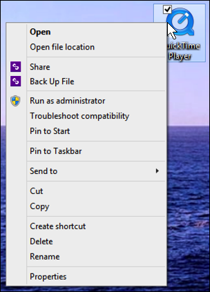 context menu for a windows shortcut