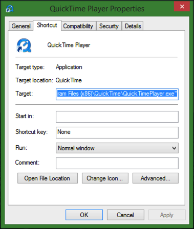 win8 shortcut alias properties