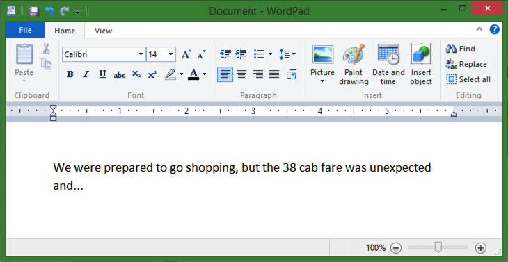 writing a note in WordPad on Win8.1