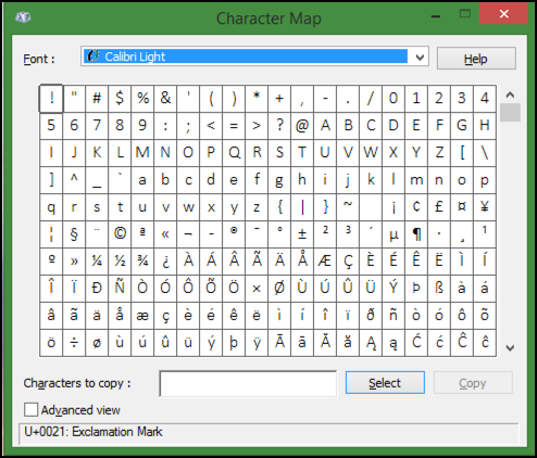 character map application in microsoft windows 8.1 8.1