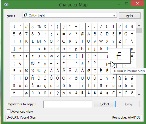 british pound sterling symbol in windows 8