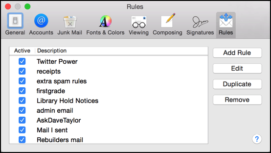 all the email filtering rules, apple mail preferences