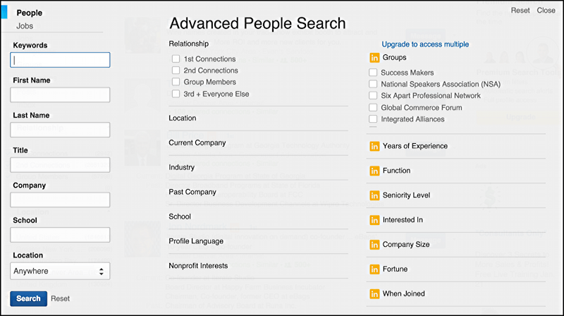 linkedin li advanced search window