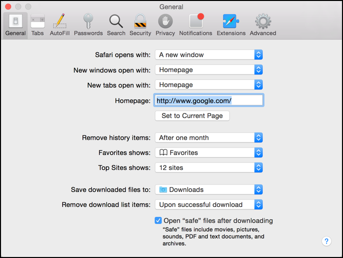 mac os x 10.10 yosemite safari browser defaults options preferences