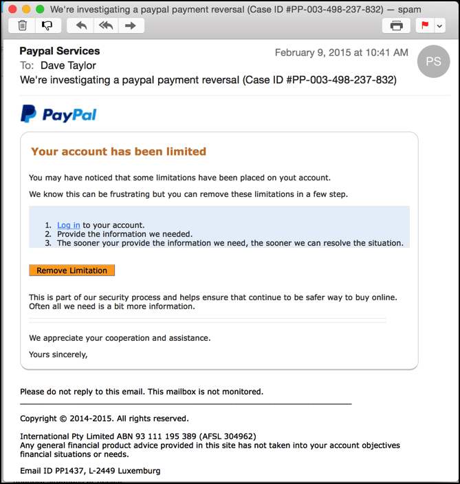 bogus paypal phishing email scam