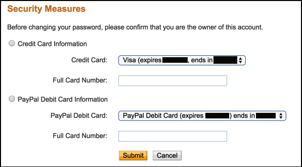 prove your identity by knowing a credit card associated with the account