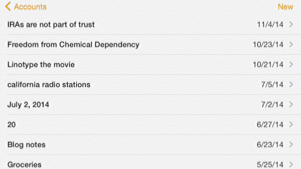 list of notes in the ios 8 notes app