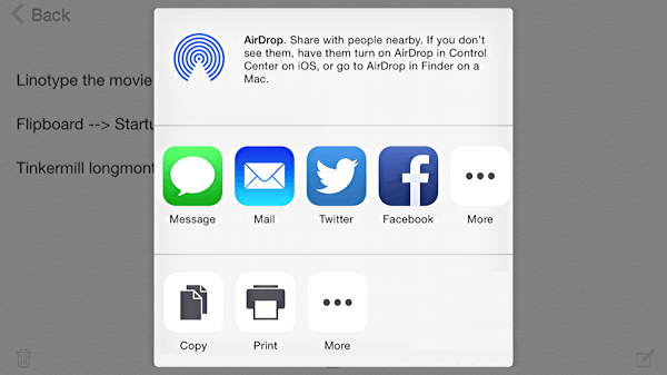 share your ios8 note to facebook, twitter, email, sms text imessage