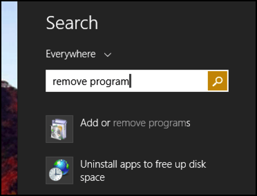 search windows 8 'remove program' charms bar