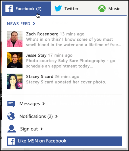 facebook notification window feed in msn.com 