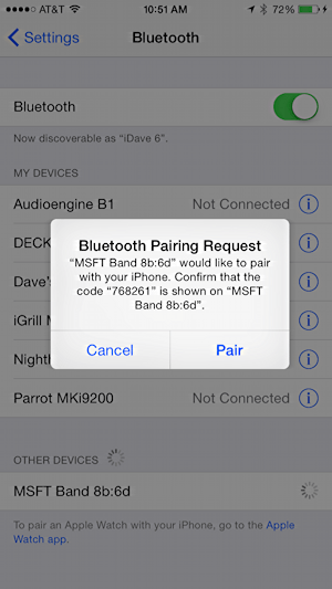 bluetooth pairing request on apple ios 8 from microsoft band