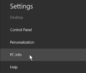 choose 'pc info' from win8 settings