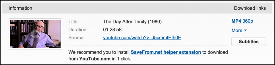 download save options from savefrom.net for youtube video