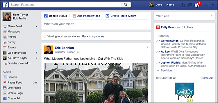 regular facebook newsfeed home page interface ui