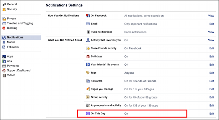 facebook settings notifications on this day