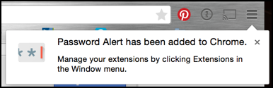 password alert has been installed added google chrome