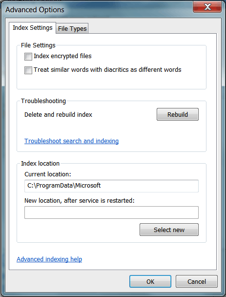 advanced settings file indexing windows 7