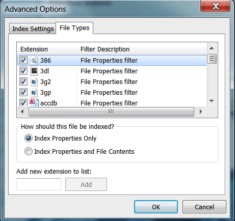 adjust indexing by file type / filename suffix