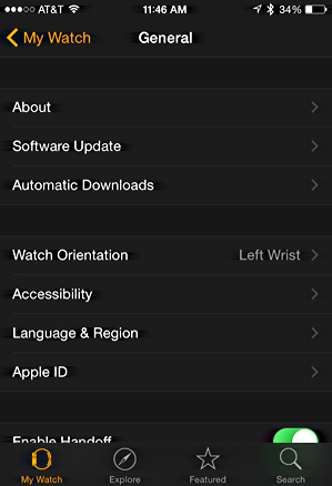 general options within the apple watch app