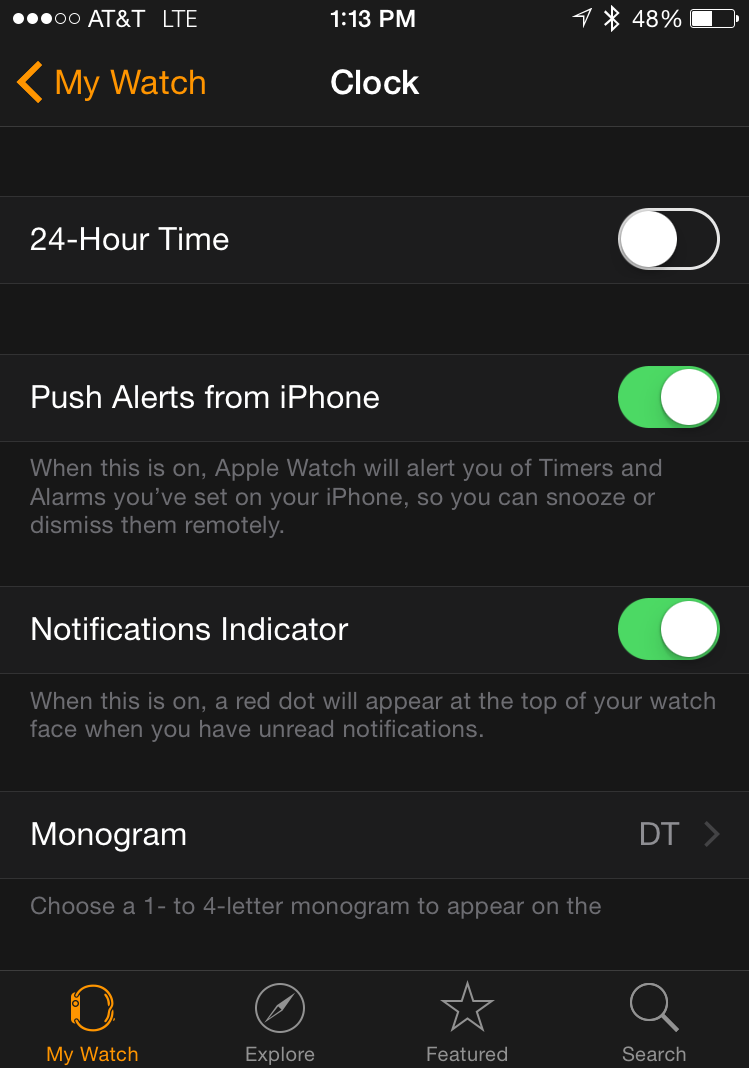 tweak clock settings on apple watch from iphone 5s