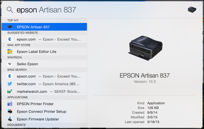 find your printer / scanner through spotlight mac os x epson artisan 837