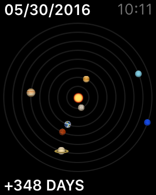 planets in solar system display, 348 days in the future, apple watch