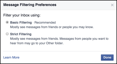 facebook other messages inbox email settings preferences