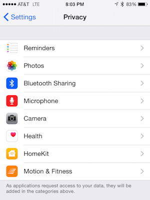 settings > privacy in ios8 iphone 6