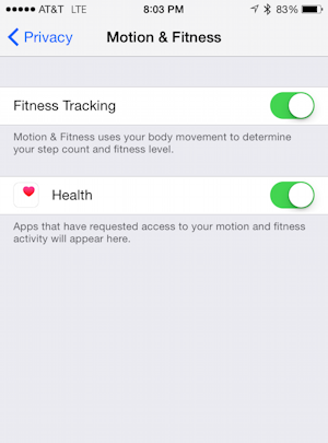 motion and fitness options within privacy ios8