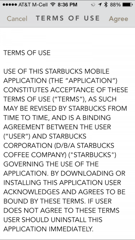 terms of service, starbucks mobile order and pay