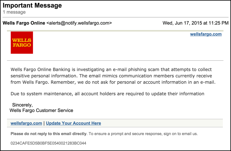 wells fargo bank phishing scam warning that's actually a phishing scam itself