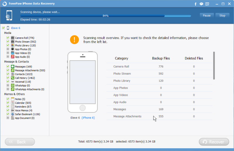 fonepaw iphone data recovery scanning phone, results shown