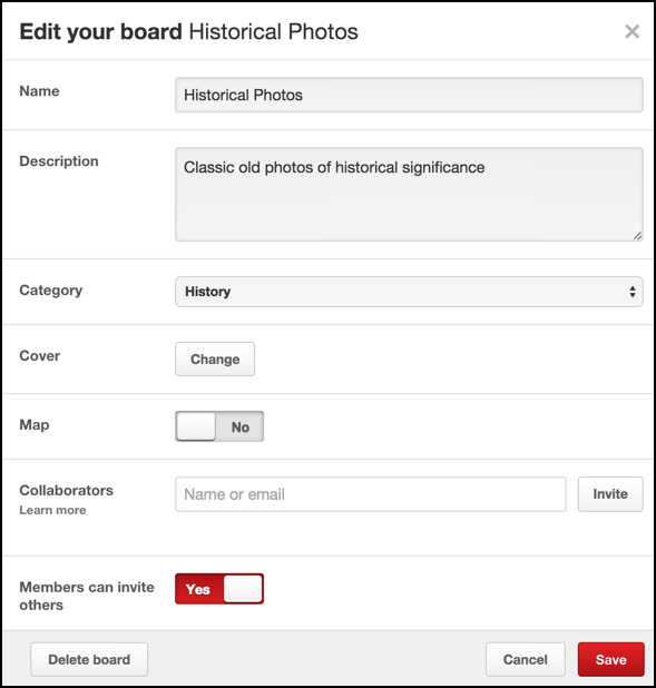 edit a pinterest pinboard name description category sharing