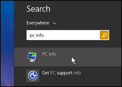 search for 'pc info' in win8 charms bar search