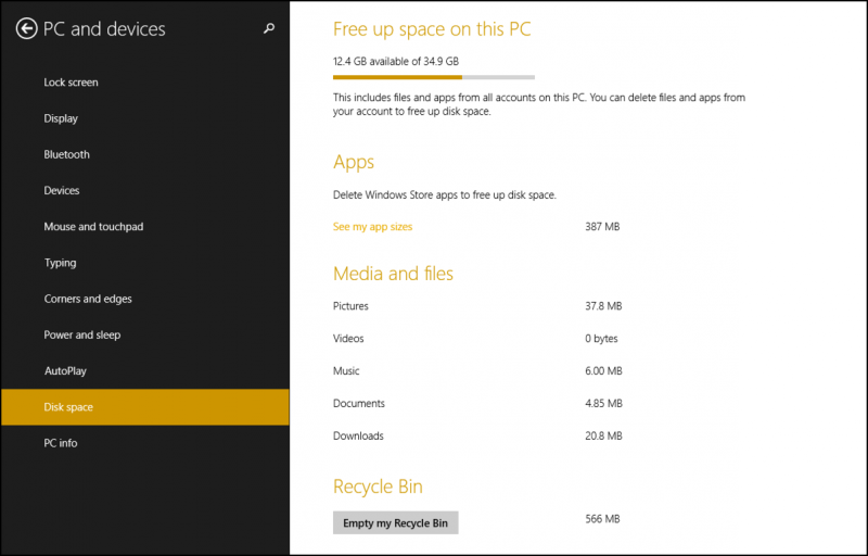 win8 available disk space