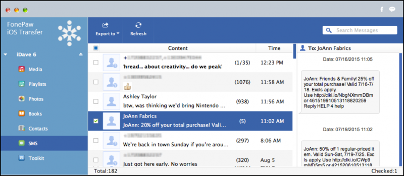 viewing saving sms text messages from iphone 6 5s plus to mac