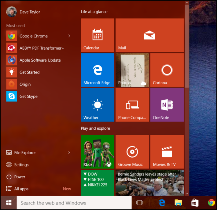 windows 10 win10 start menu in orange / red