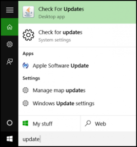 search for "update" in windows 10 win10