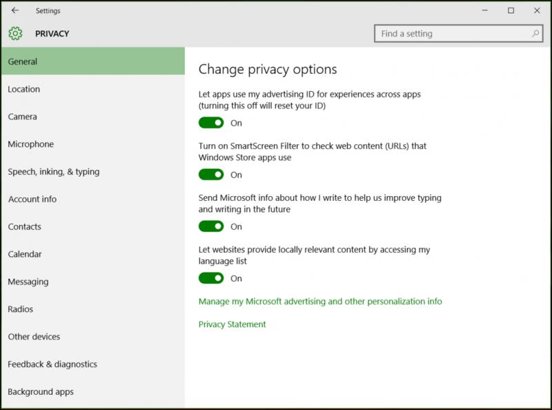 windows 10 privacy settings control panels