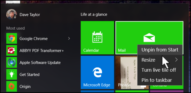 right-click on menu tile win10 start menu