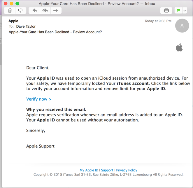 apple itunes scam email