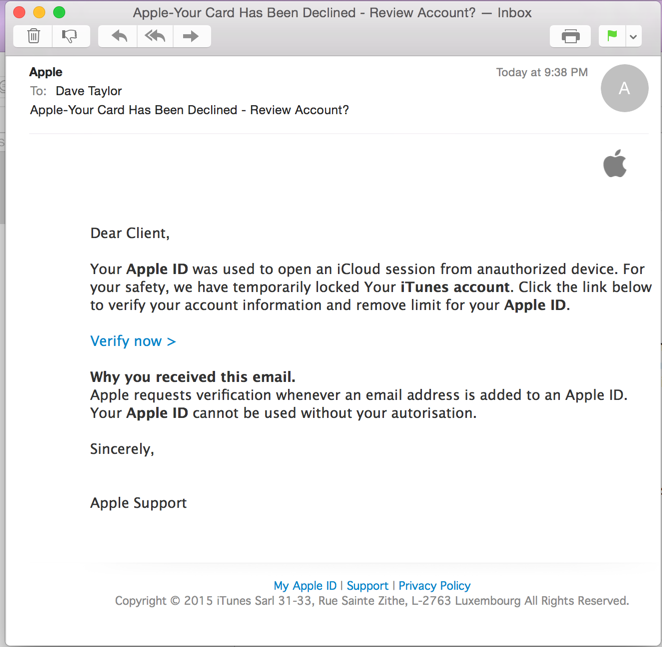 apple id phishing attack email message