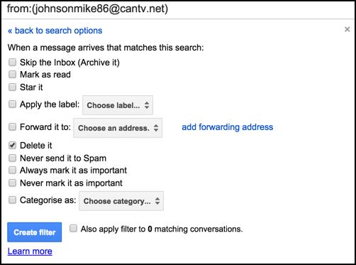 gmail filter - step 2 - what to do with matching email messages