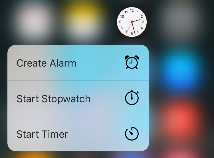 clock app pop menu 3d force touch, ios9 iphone 6s