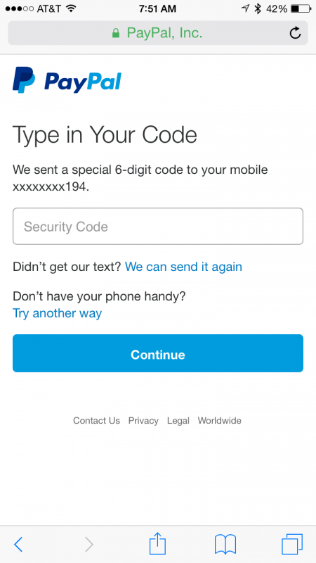 enter your two-step account verification code paypal