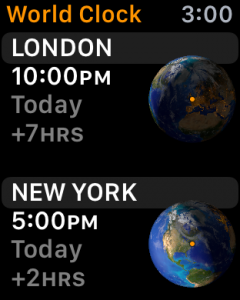 London and New York time displayed in World Time App, Apple Watch WatchOS 2