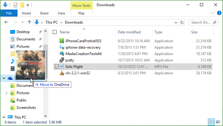drag and drop music file onto OneDrive win10