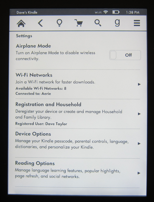 main settings menu, kindle fire paperwhite 