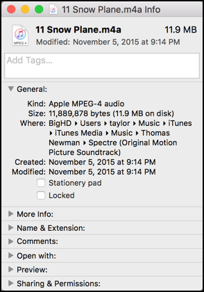 get info for an mp4 m4a spectre soundtrack audio recording file